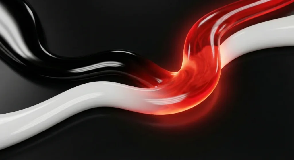 A macro close-up of two molten glass streams — one deep obsidian black, one polished white — flowing toward each other and merging into a single Cardinal Red ribbon at the centre of the frame. Where they meet, the red glows with inner light and subsurface scattering. The background is a deep void black. The shapes are smooth, serpentine, and elegant. Soft white studio reflections streak along the surfaces. The composition suggests collision becoming unity, opposition becoming flow. 8k, Octane render, ray-tracing, cinematic lighting.