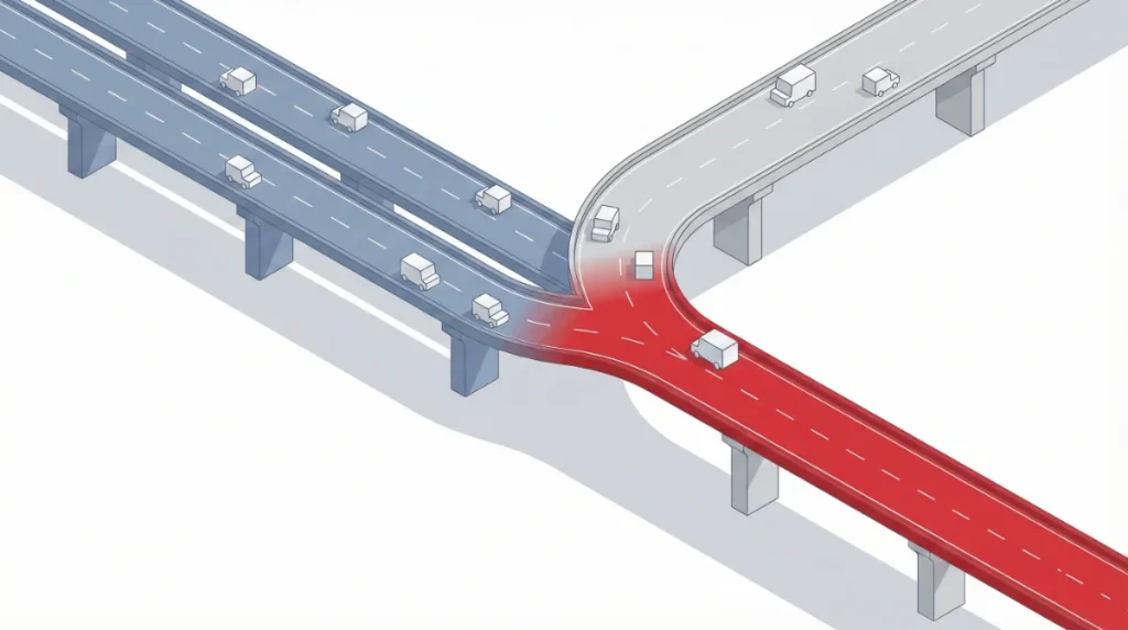An isometric illustration of two parallel elevated highways converging into a single road at the centre of the image. The left highway is soft slate blue; the right is light grey. Where they merge, the combined road becomes a bold Cardinal Red. Small white geometric vehicles (simplified, abstract cubes) travel along each road and merge seamlessly at the junction. The floor is white with subtle soft drop shadows. Plenty of whitespace around the composition. Clean, professional, premium vector art style, no text.