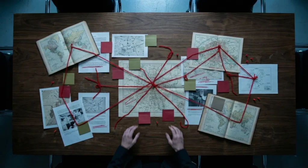 bird's-eye shot of a large dark conference table. Scattered across the surface are open maps, printed documents, and sticky notes in muted tones. A single thin Cardinal Red thread winds across the entire table, connecting the various documents like a geographic route. One pair of hands is visible at the edge of the frame, mid-gesture, slightly blurred. The table surface is dark walnut. Cool blue overhead lighting. Shot from directly above at a slight angle. Purposeful, strategic, high-end editorial feel. No text visible on any documents.