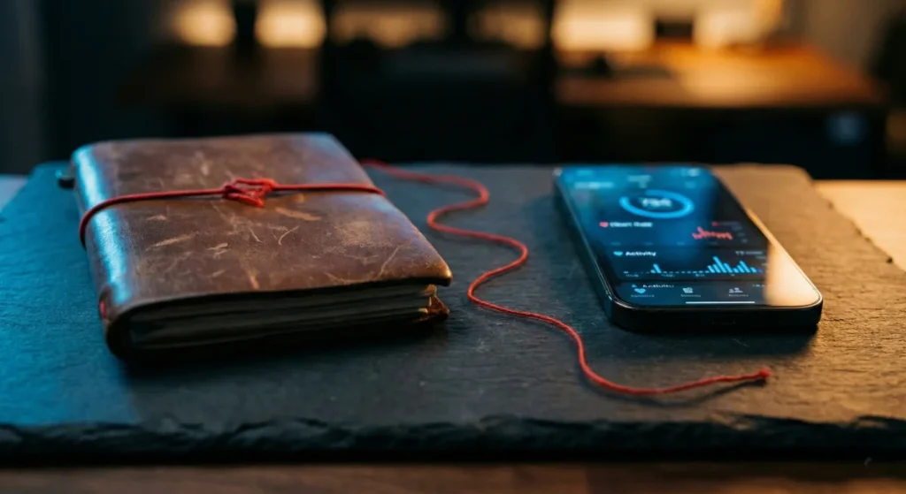 A cinematic shot of two objects side by side on a dark slate surface: on the left, a weathered leather notebook closed with a red elastic band; on the right, a modern smartphone displaying a soft blue health data dashboard (out of focus). Between them, a single thin red thread connects the two objects, lying loose on the surface. Shallow depth of field blurs the background to a dark bokeh of warm office lights. The composition is centred. Cool blue fill lighting from the left, warm amber from the right. Professional, contemplative, cinematic.